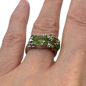 Green Crystal Frog Statement Ring Silver Tone Pave Red Eyes Size 5.5 Cocktail